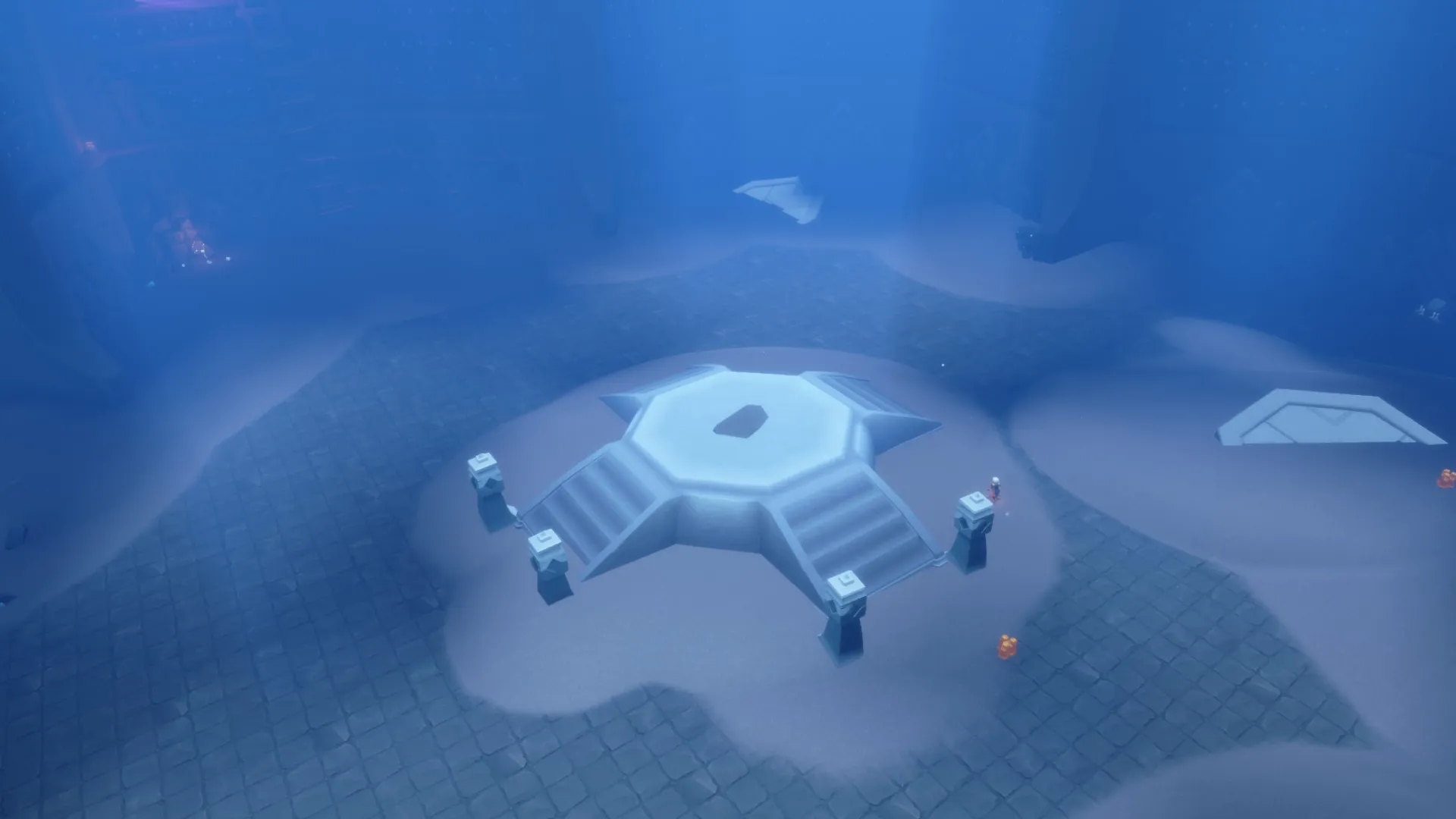 Vault of Knowledge Sky Children of the Light calm dark space glowing symbols quiet atmosphere