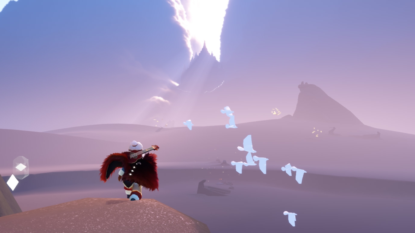 Player exploring a vast realm in Sky: Children of the Light with birds and glowing sky