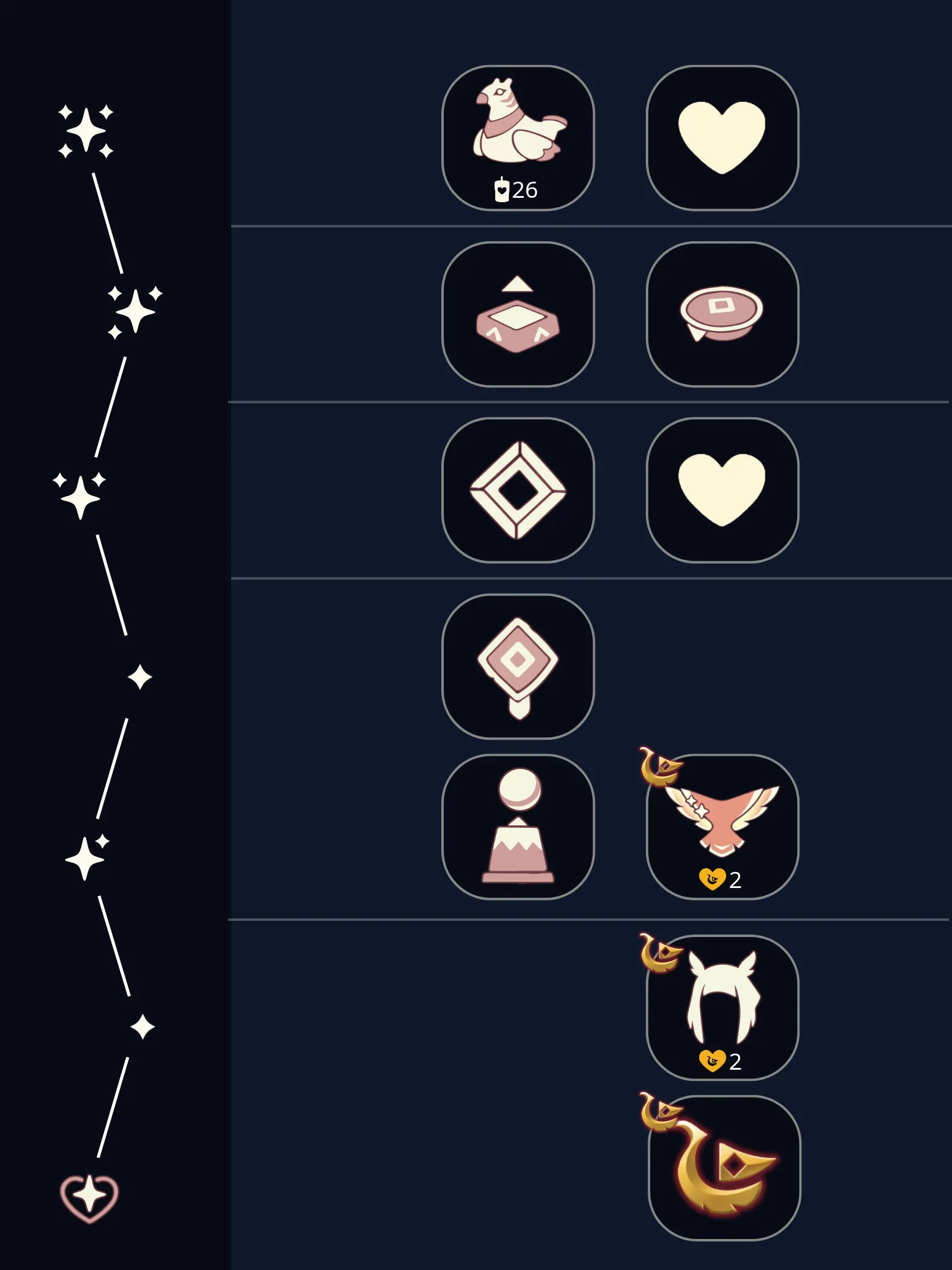 Carnival Guide spirit tree showing cosmetics, emote upgrades, and heart reward