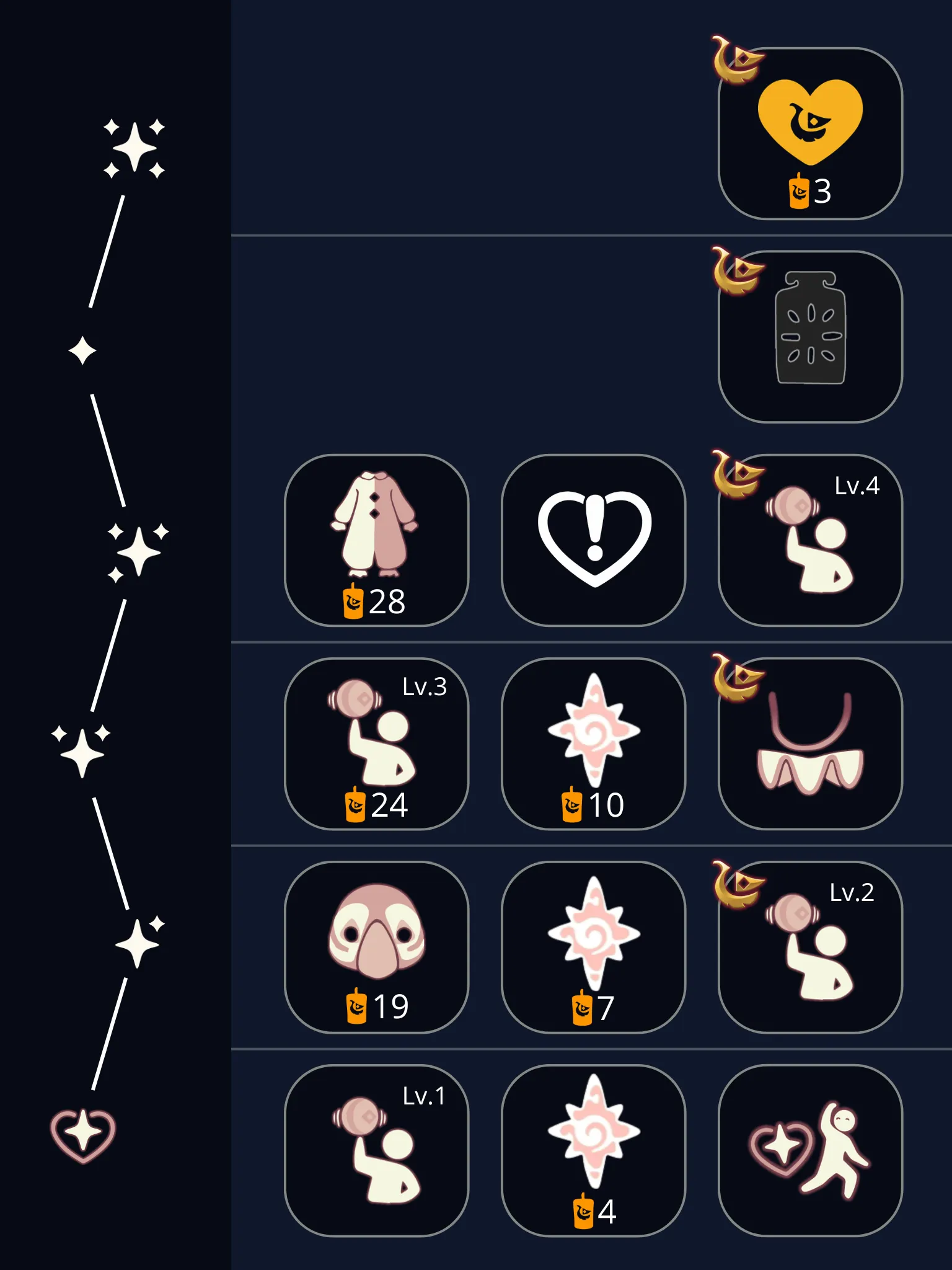 Carnival Juggler spirit tree showing cosmetics, emote upgrades, and heart reward